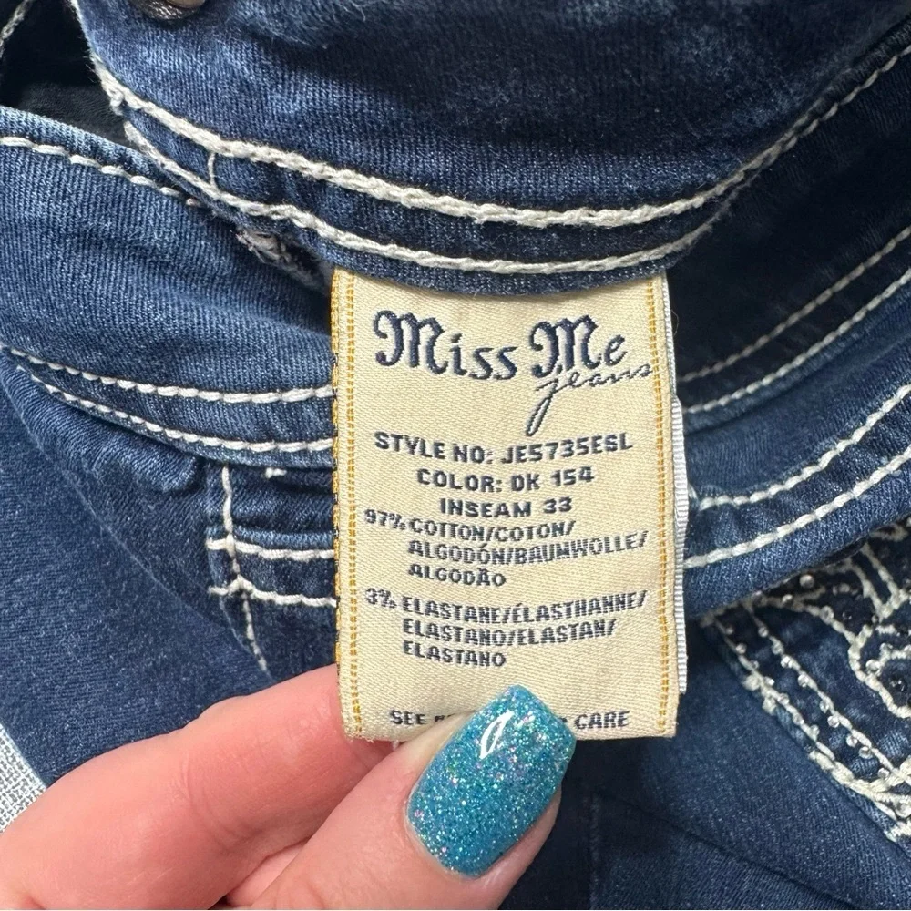 Miss Me Easy Skinny Jean Fleur De Lis Dark Wash Jeans Rhinestone Bling Size 31 - Picture 9 of 10